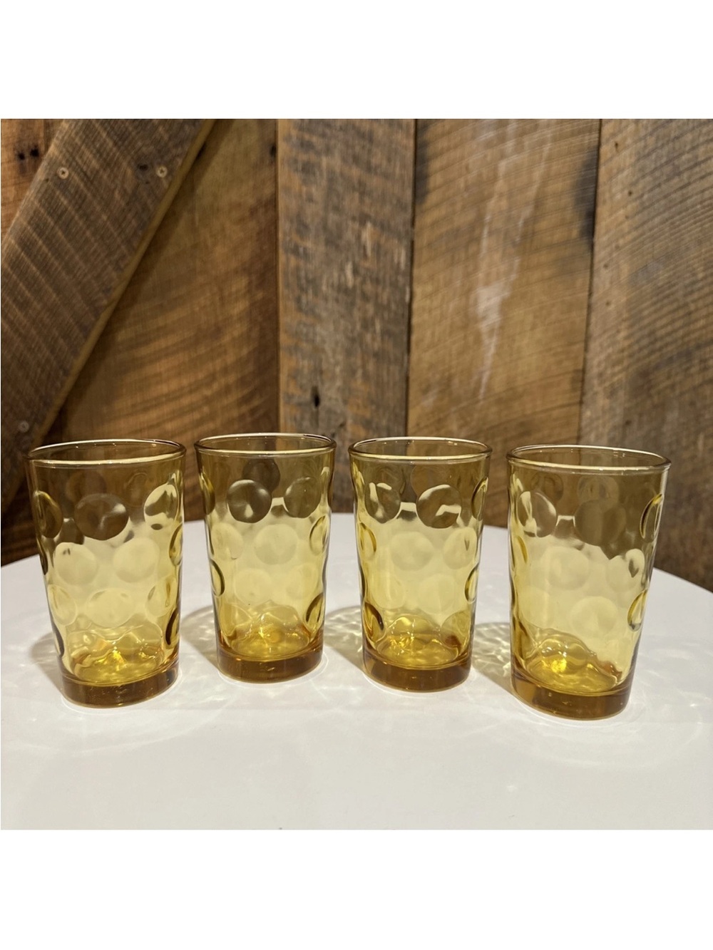 Vintage Hazel Atlas Gold Amber Eldorado Dots Thumbprint Juice 4”Glasses Set Of 4